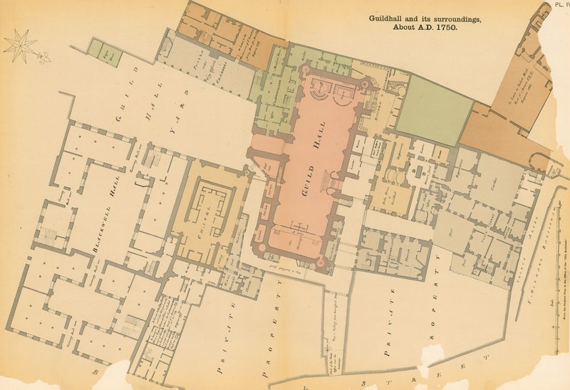 Guildhall, Londra Haritası ve yaklaşık 1750 civarı by English School