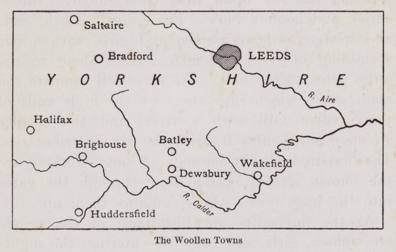 Yorkshire Yün Kasabalarını gösteren harita (lito) by English School