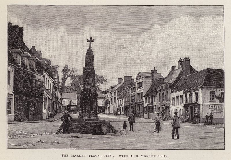Pazar yeri, Crecy, Fransa, eski pazar haçı (litho) by English School