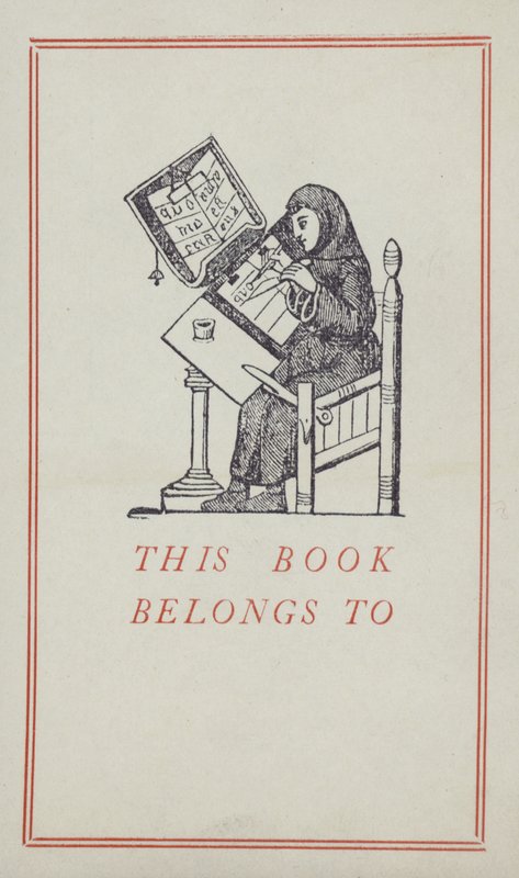 Bir el yazması üzerinde çalışan Ortaçağ yazıcısı, kitap sahipliği etiketi (renkli taş) by English School