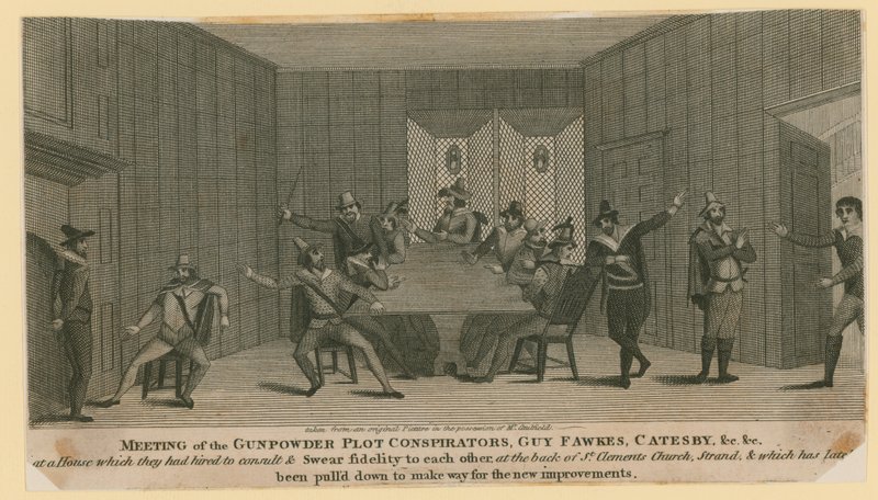 Barut Komplosu komplocularının buluşması, Guy Fawkes, Catesby, vb. by English School