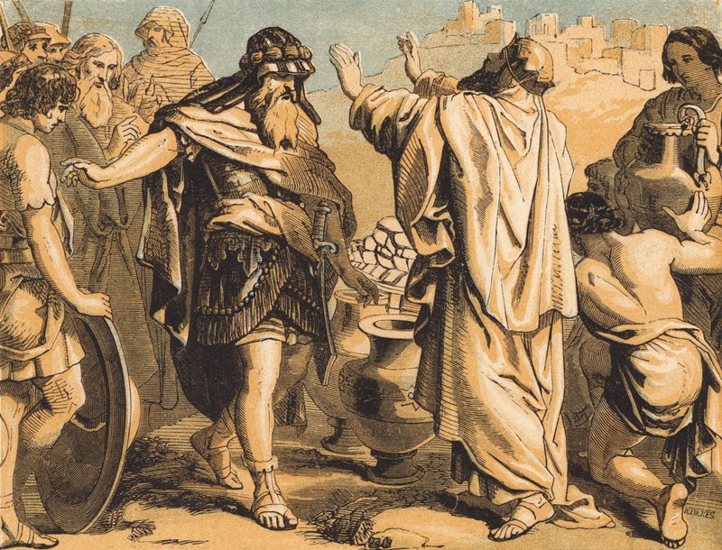 Melchizedek İbrahim'i kutsadı (renkli gravür) by English School