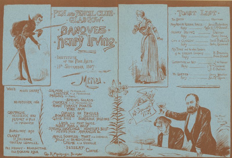 Henry Irving onuruna bir ziyafet menüsü, Pen and Pencil Club, Glasgow, 15 Eylül 1887 by English School