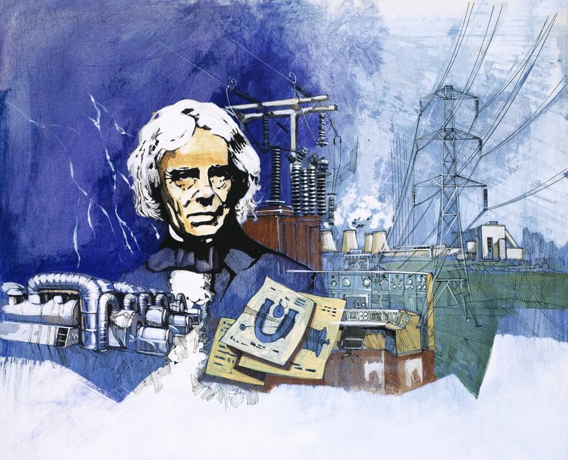 Arka planda elektrik santrali ile Michael Faraday by English School