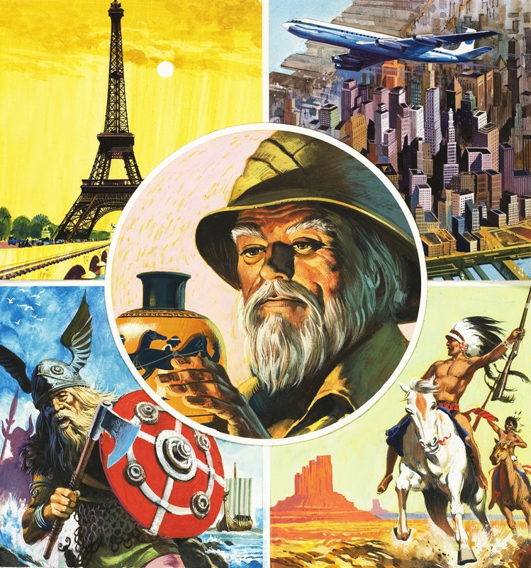Montage including Eiffel Tower, aeroplane, Viking warrior, Indian and archaeologist by English School