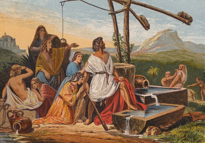 Musa Jethro#39;nun kızlarını kurtarıyor (renkli litho) by English School