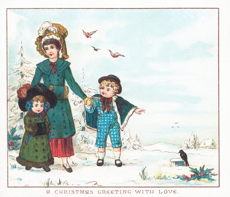 Karda yürüyen anne ve çocuklar, Noel Kartı by English School