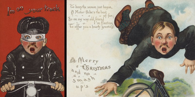 Motosiklet temalı Noel kartı (chromolitho) by English School