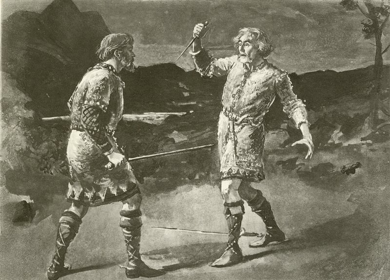 Macduff olarak Bay Alexander ve Macbeth olarak Bay Irving (gravür) by English School