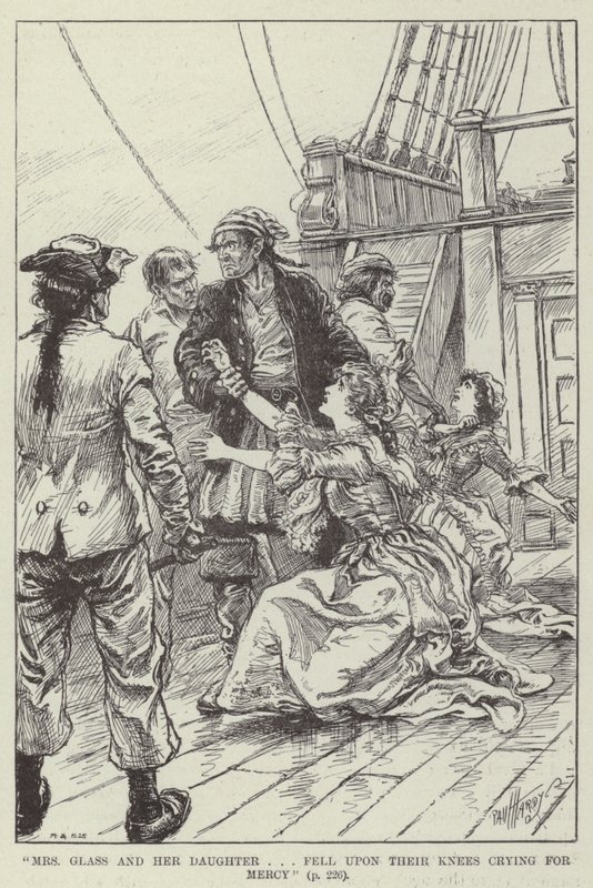 "Bayan Glass ve kızı dizlerinin üzerine çökerek merhamet dilediler" (gravür) by English School
