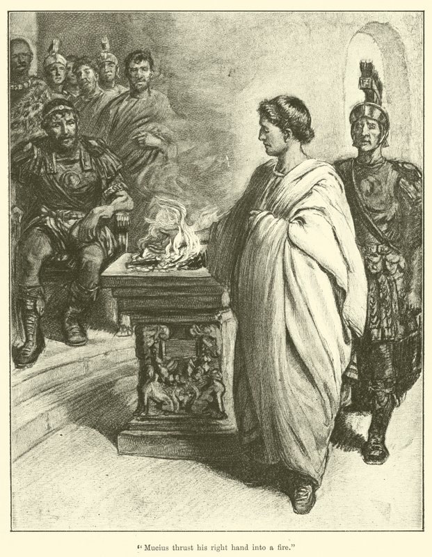 "Mucius sağ elini ateşe attı" (gravür) by English School