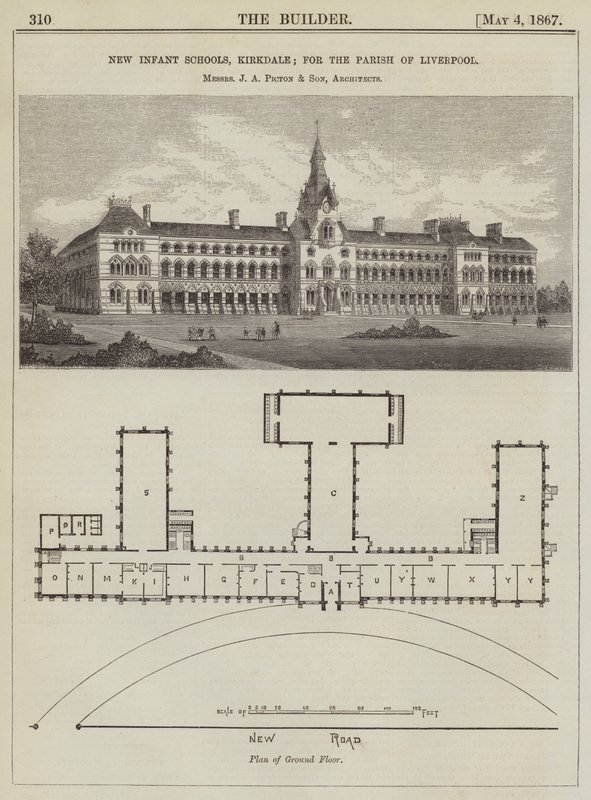 Yeni Bebek Okulları, Kırkdale; Liverpool Parish için, Messrs J A Picton ve Son, Mimarlar (gravür) by English School