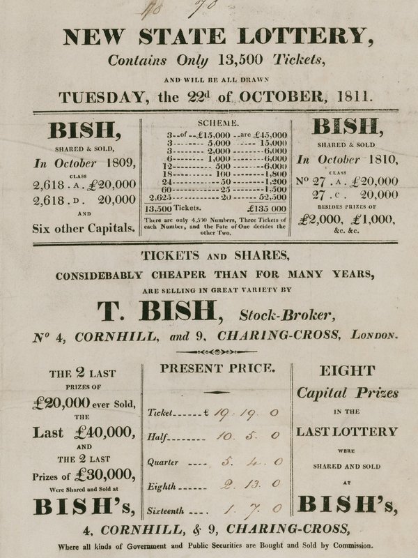 New State Lottery, T. Bish, borsacı, 4 Cornhill ve 9 Charing Cross, Londra tarafından yönetiliyor by English School