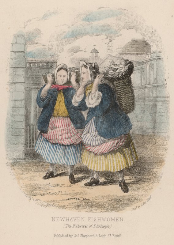 Newhaven balık kadınları, Edinburgh (renkli gravür) by English School