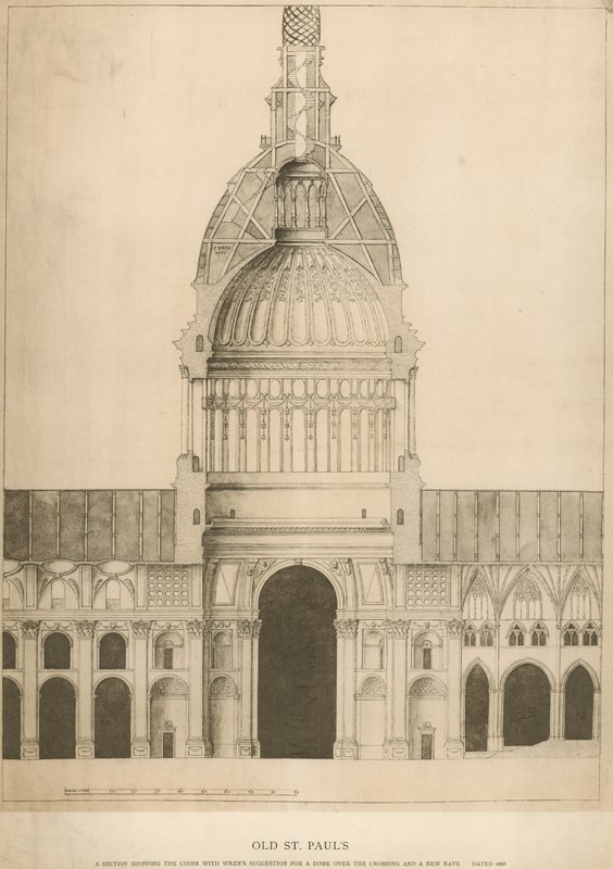 Eski St Paul Katedrali; bir kubbe için Sir Christopher Wrens ile Koro önerisini gösteren bir bölüm by English School
