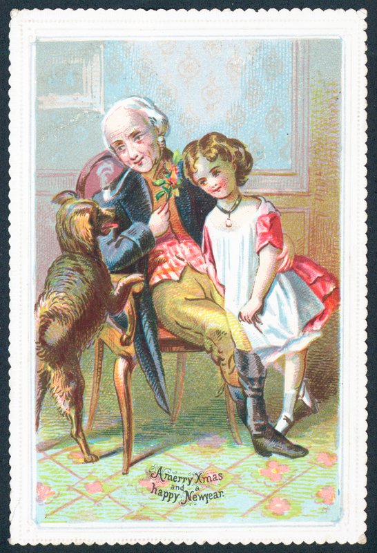 Kız ve köpek, Noel kartı ile sandalyede oturan yaşlı beyefendi by English School