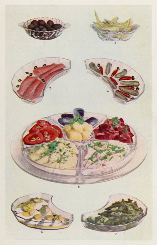 Zeytin; Giyinmiş Hindiba; Füme Somon; Kornişon ve Chillie; Tereyağı, Domates Dilimleri, Patates Salatası, Ton Balığı, Pancar, Sardalya; Yumurta Mayonezi; Fasulye Salatası (renkli litho) by English School