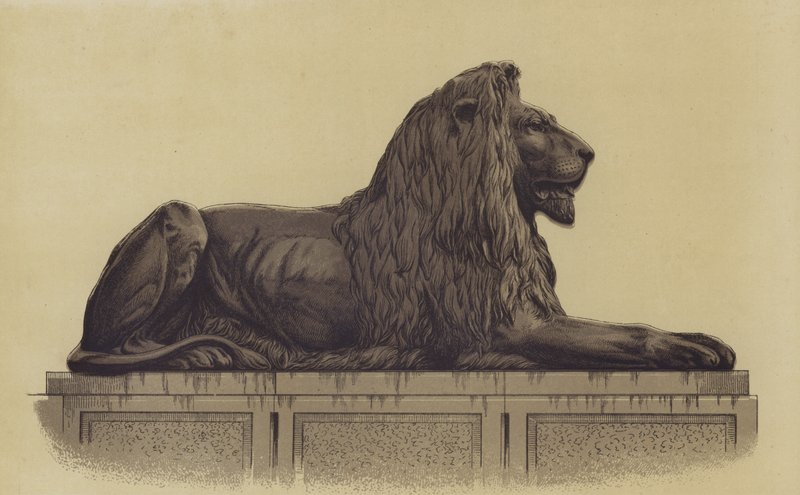 Londra'daki Trafalgar Meydanı'ndaki aslan heykellerinden biri by English School