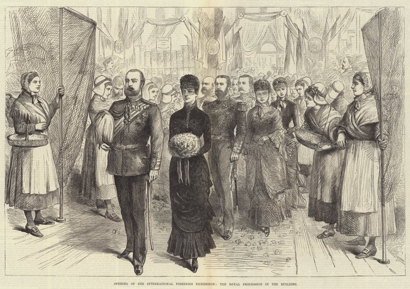 Uluslararası Balıkçılık Sergisinin Açılışı, Binadaki Kraliyet Alayı (gravür) by English School