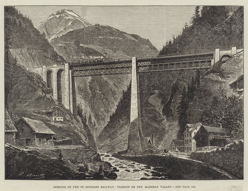 St Gothard Demiryolu'nun açılışı, Maderan Vadisi'ndeki Viyadük (gravür) by English School