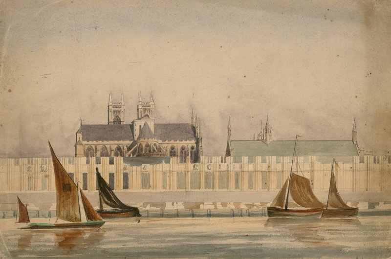 1842 civarında inşa edilen Parlamento Evlerinin orijinal suluboya çizimi (kağıt üzerinde wc) by English School
