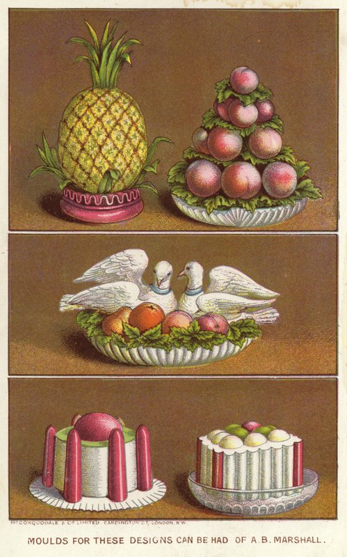 Ananas, şeftali ve iki güvercin (chromolitho) şeklinde buzlu yiyecekler yapmak için süs kalıpları by English School