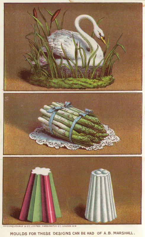 Kuğu ve kuşkonmaz demeti şeklinde buzlu yiyecekler yapmak için süs kalıpları (chromolitho) by English School