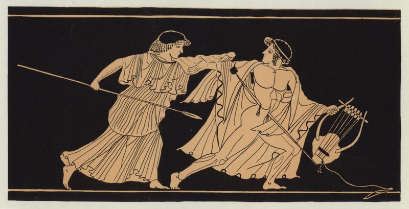 Trakyalı bir kadın tarafından saldırıya uğrayan Orpheus (renkli taş baskı) by English School