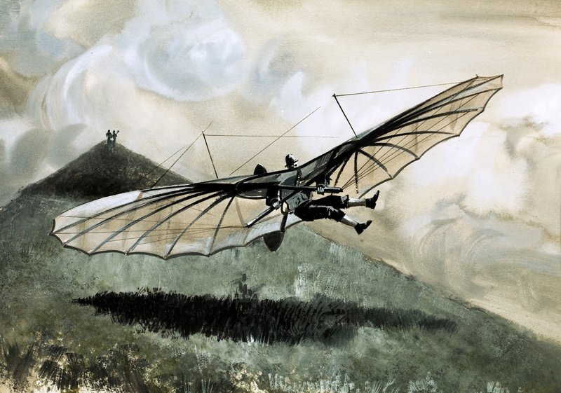 Otto Lilienthal ilkel planörüyle (kağıt üzerine guaj boya) 1000