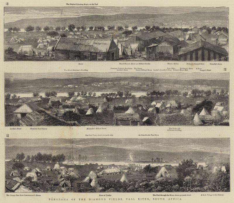 Diamond Fields Panoraması, Vaal Nehri, Güney Afrika (gravür) by English School