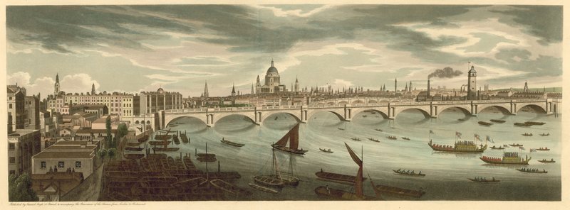 Londra Köprüsü ve St Pauls Katedrali de dahil olmak üzere Londra'nın panoramik manzarası by English School