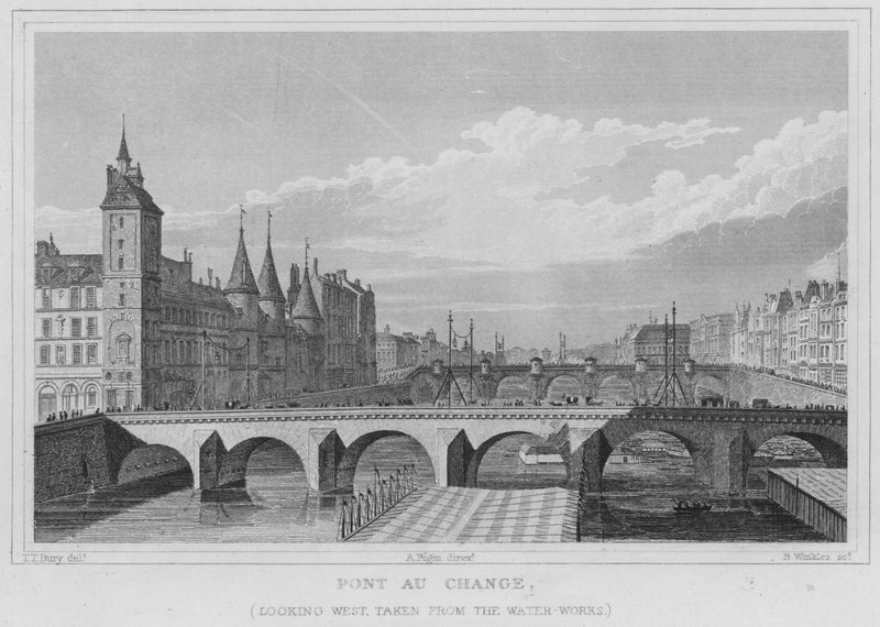 Paris, Pont Au Change, batıya bakıyor, su işlerinden alınmış (gravür) by English School