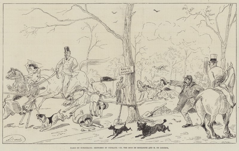 Atlı Paris, Bois de Boulogne ve Madame de Lesseps (gravür) by English School