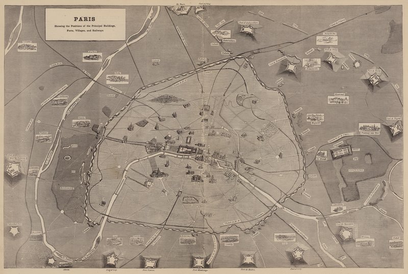 Paris, Başlıca Binaların, Kalelerin, Köylerin ve Demiryollarının Konumlarını gösteren (gravür) by English School
