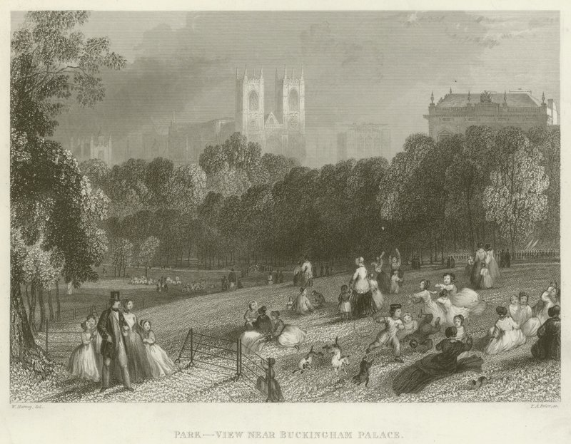 Park, Buckingham Sarayı (gravür) yakınındaki görünümü by English School