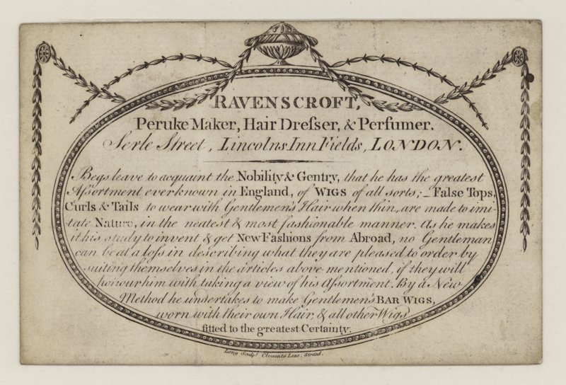 Peruke yapımcısı, Ravenscroft, ticaret kartı by English School