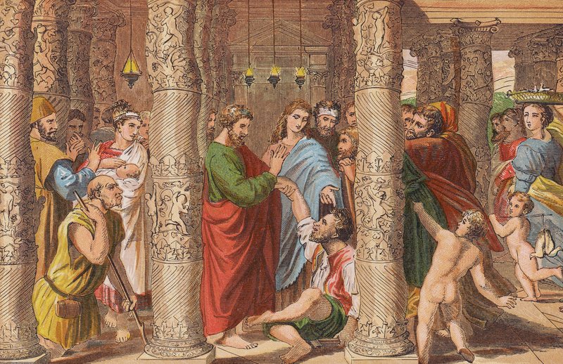 Petrus ve Yuhanna İktidarsız Adamı İyileştiriyor (renkli taş baskı) by English School