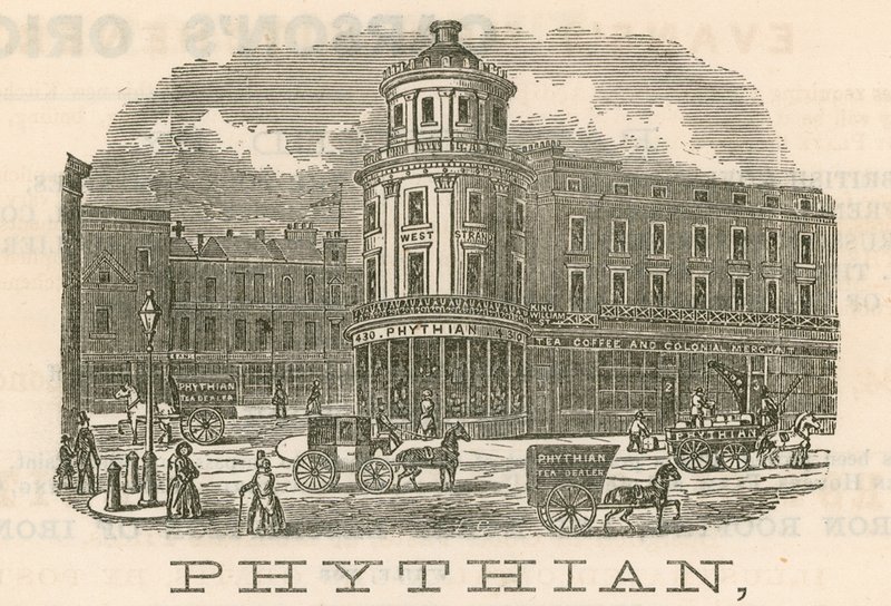 Phythian, toptancı ve aile çay satıcısı ve yabancı depocu, 430 West Strand ve 1-3 King William Street, Londra by English School