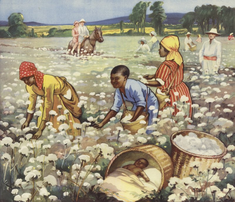 Bir Amerikan plantasyonunda pamuk toplamak (renkli lito) by English School