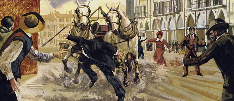 Pierre Curie karşıdan karşıya geçerken kaydı ve at ve arabanın altına düştü. by English School