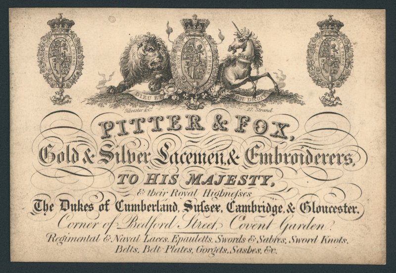 Pitter ve Fox, Gold and Silver Laceman ve Nakışçılar, Bedford Street, Covent Garden, ticaret kartı by English School
