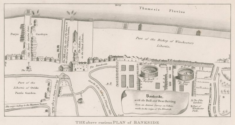 Kraliçe Elizabeth döneminde yapılan ve Boğa ve Ayı Yemini gösteren eski bir araştırmaya dayanan Thames Nehri üzerindeki Bankside Planı by English School