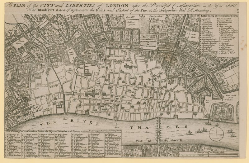 1666 yılındaki korkunç yangından sonra Londra Şehri ve Özgürlükler Planı by English School
