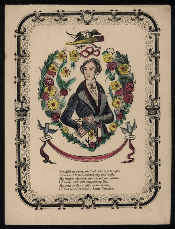 Yakışıklı bir adamın portresi, Sevgililer Günü şiiri (renkli gravür) by English School