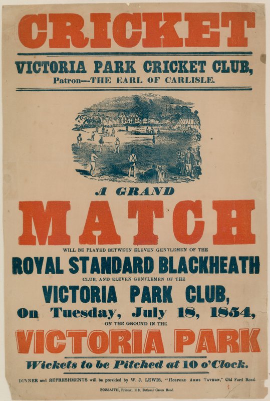 18 Temmuz 1854'te Victoria Park Kriket Kulübü'nde bir kriket maçının reklamını yapan poster by English School