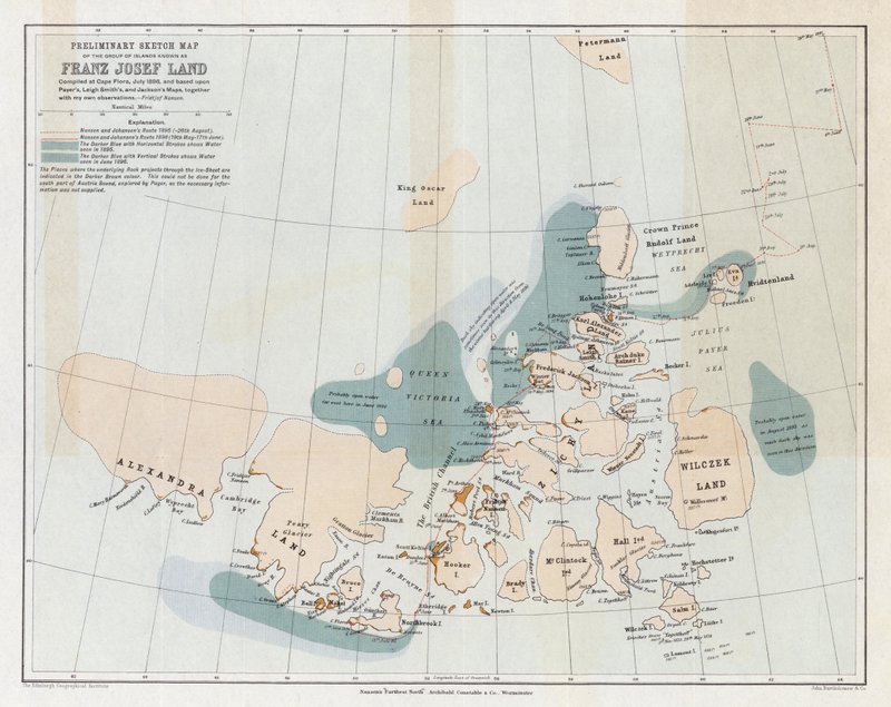 Franz Josef Land olarak bilinen adalar grubunun ön taslak haritası by English School