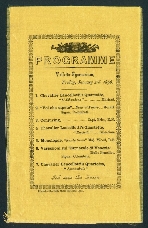 Valletta Gymnasium Programı, 3 Ocak 1896 (baskı) by English School