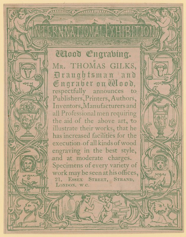 Ahşap üzerine teknik ressam ve oymacı Thomas Gilks için promosyon kartı by English School