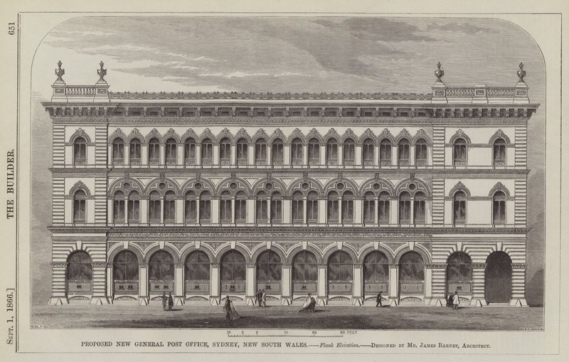 Önerilen Yeni Genel Postane, Sidney, Yeni Güney Galler, Yan Yükseklik, Bay James Barnet, Mimar (gravür) tarafından tasarlandı by English School