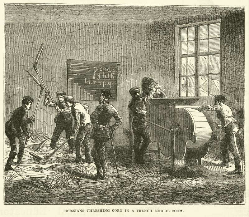 Bir Fransız okul odasında mısır harmanlayan Prusyalılar, Eylül 1870 by English School